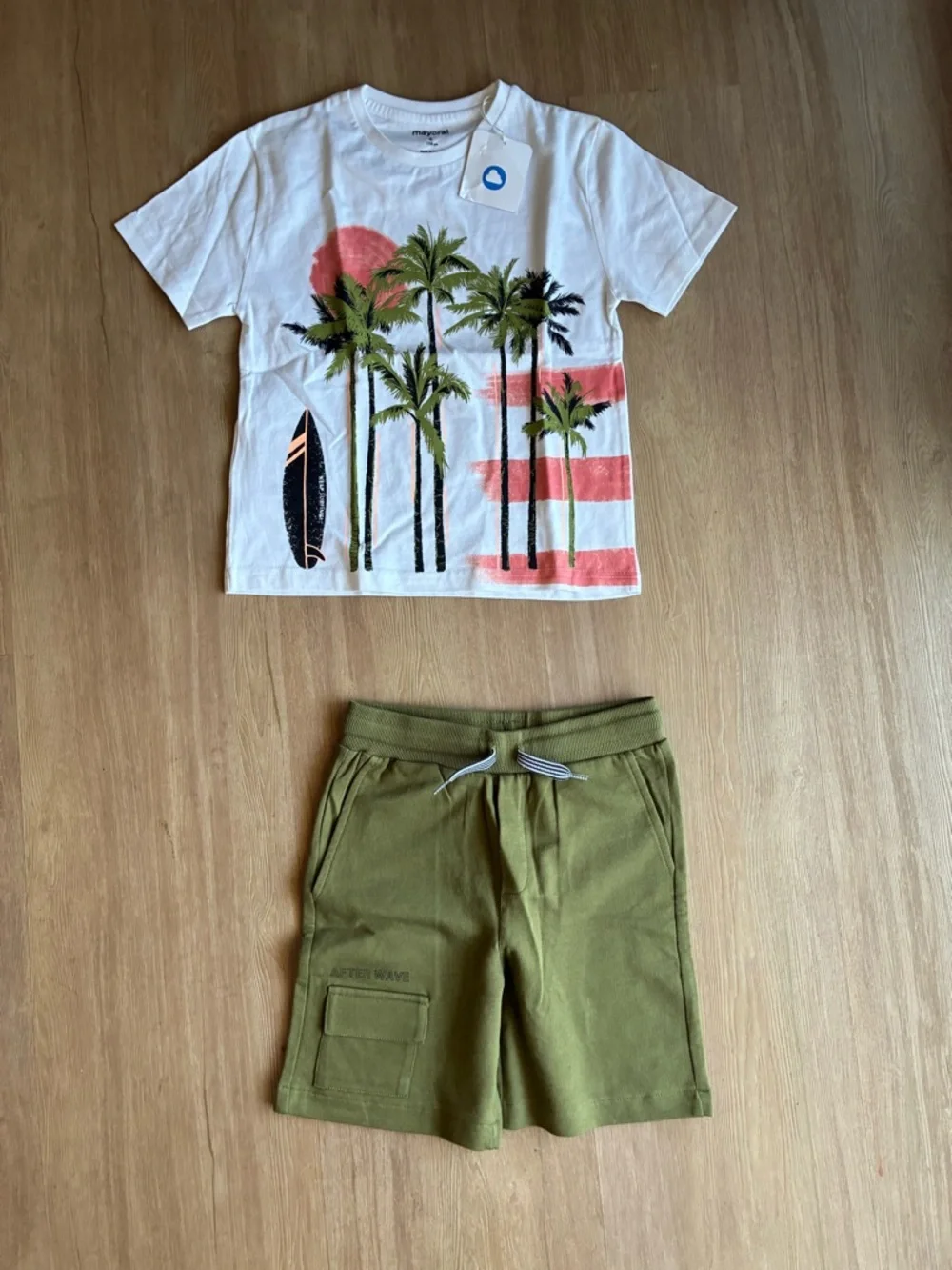 NWT Mayoral Palm Tree Boy Set cotton shorts drawstring t green summer school 6